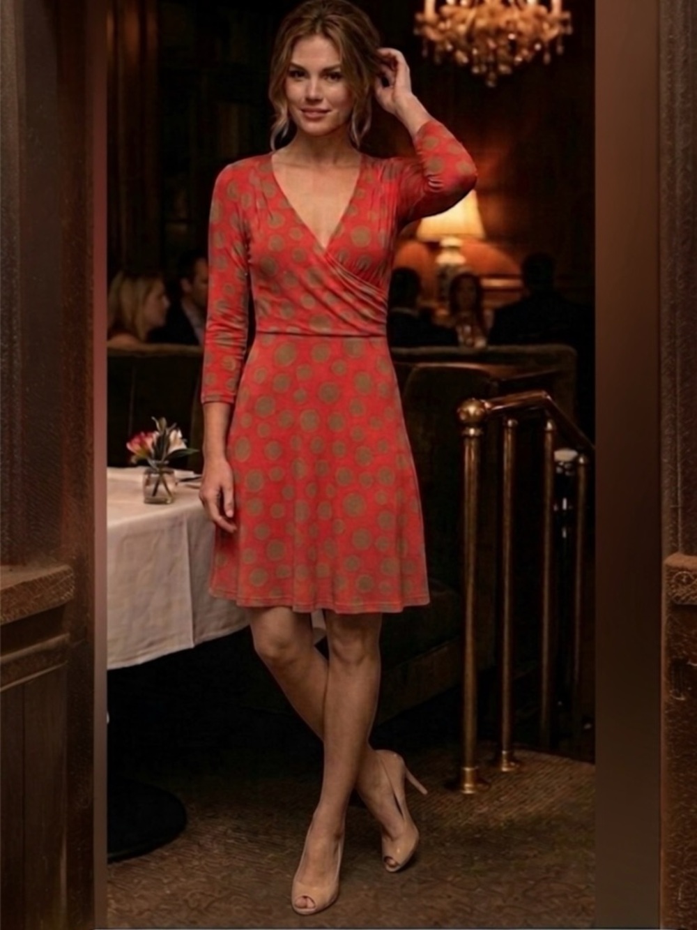Boden Rosebury Polka Dot Jersey Wrap Midi Dress Coral Beige  3/4 Sleeves Size 4